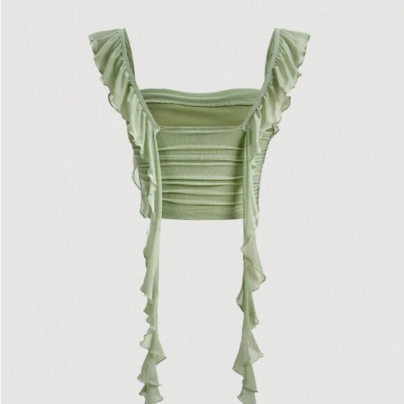 SHEIN MOD 2XL 16 Plus Green Ruffle Trim Mesh Crop Cami Top Shoulder Strap Blouse - Picture 2 of 5